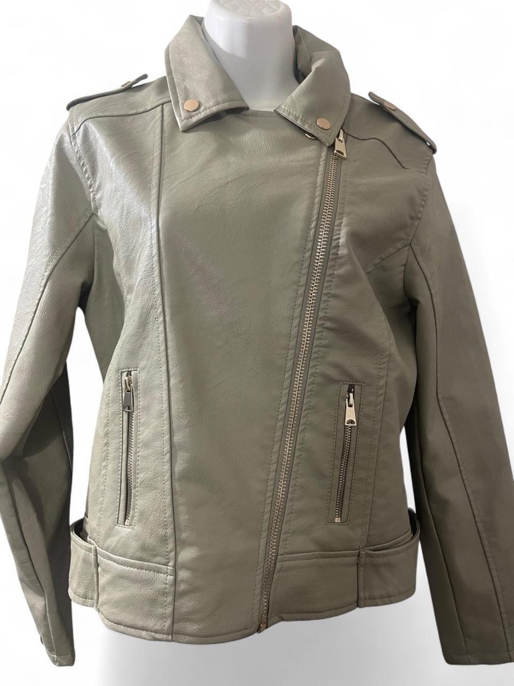 Haute Monde Olive Faux Leather Asymmetrical Zip Moto Jacket